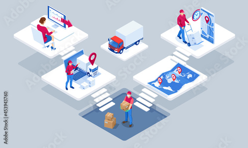 Global logistics network isometric illustration. Isometric Logistics and Delivery concept. Delivery home and office. City logistics. Warehouse, truck, forklift, courier. On-time delivery