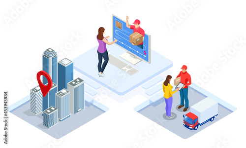 Global logistics network isometric illustration. Isometric Logistics and Delivery concept. Delivery home and office. City logistics. Warehouse, truck, forklift, courier. On-time delivery