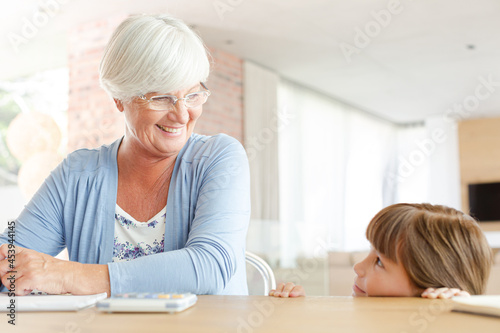 Older woman and granddaughter using calculator