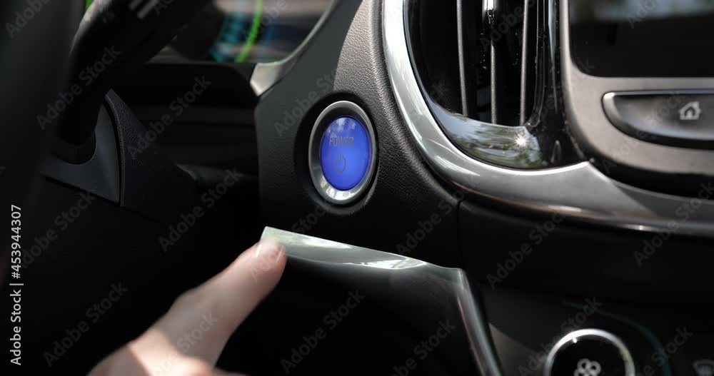 Pushing Power OFF Ignition Button to Finish Keyless Hybrid Car Electro Engine Pushing Power OFF Ignition Button to Finish Keyless Hybrid Car Electro Engine