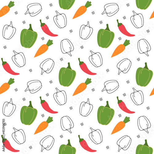 Seamless pattern with bright vegetables, multi-colored peppers and carrots on a white background. Vector illustration in minimalistic flat style, hand drawing. Kitchen print for textiles, print design