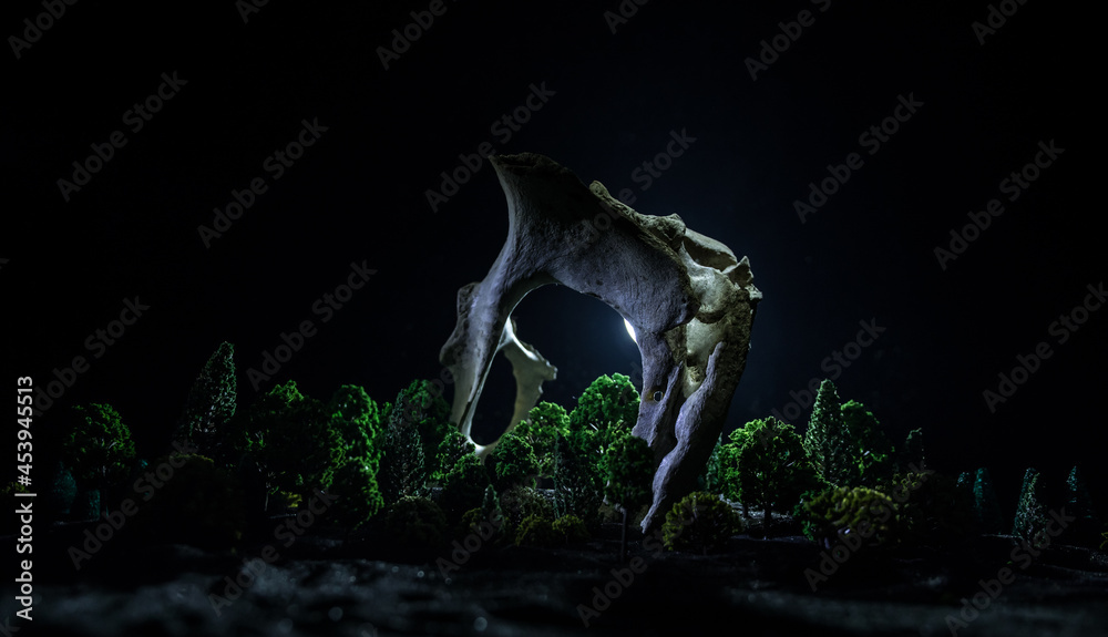 Fototapeta premium Animal bone in dark Halloween night with fog and light on background / Selective focus and space for text. Abstract horror concept