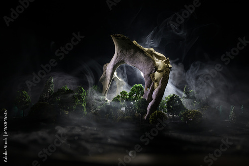 Animal bone in dark Halloween night with fog and light on background / Selective focus and space for text. Abstract horror concept © zef art