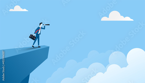 Business vision concept. Businessman on mountain peak with telescope illustration.