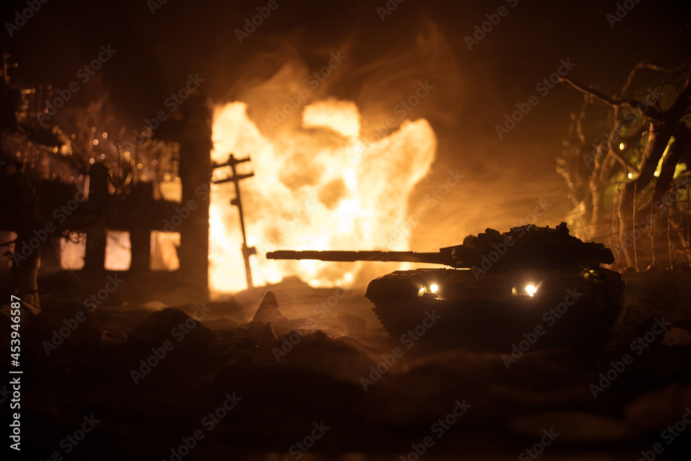 Fototapeta premium War Concept. Military silhouettes fighting scene on war fog sky background, World War Soldiers Silhouette Below Cloudy Skyline At night. Battle in ruined city.