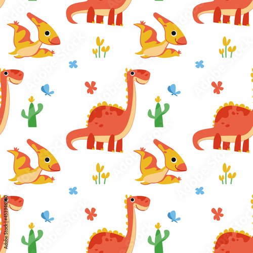 Seamless pattern with cute cartoon dinosaurs and pterodactyls. Colorful orange prehistoric lizards in funny poses. Children s illustration by hand for printing on fabric and for design © GreenPencil