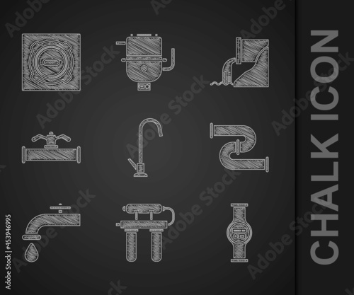 Set Water tap, filter, meter, Industry metallic pipe, and valve, Wastewater and Manhole sewer cover icon. Vector