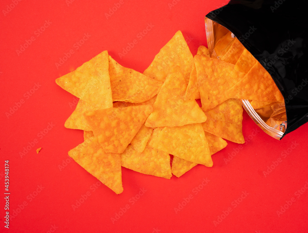 Chips in Bag. Tortilla Chip isolated top view. Snack Day eating Nachos Chips with Calories