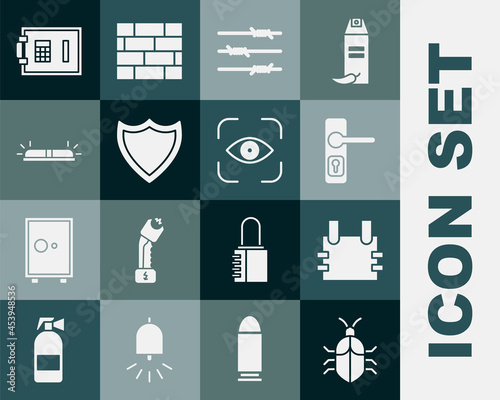 Set System bug concept, Bulletproof vest, Door handle, Barbed wire, Shield, Flasher siren, Safe and Eye scan icon. Vector