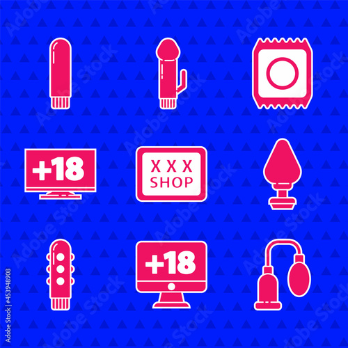 Set Sex shop, Monitor with 18 plus content, Penis pump, Anal plug, Dildo vibrator, Condom in package safe sex and icon. Vector