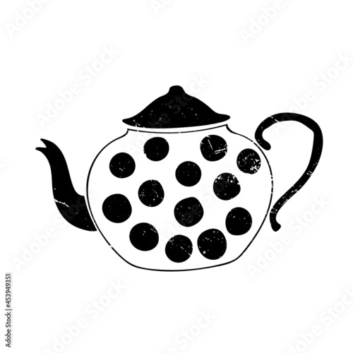 Vector image of a teapot with polka dots. Illustration. Hand drawing. Black on a white background. Scuff texture. Grunge