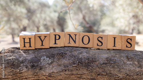The Word Hypnosis was created from wooden cubes. Photographed on the tree.. © Caner