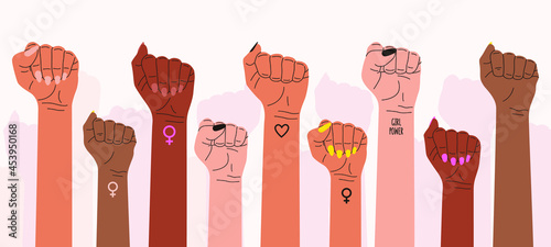 A flat vector cartoon illustration of women's fists raised up in protest. A symbol of the feminist struggle for women's rights. Girl power.