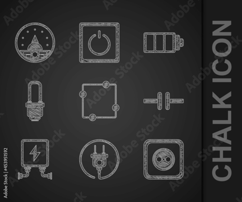 Set Electric circuit scheme, plug, Electrical outlet, transformer, LED light bulb, Battery charge level indicator and Ampere meter, multimeter, voltmeter icon. Vector