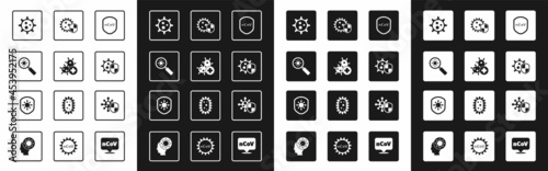 Set Shield protecting from virus, Positive, Virus under magnifying glass, and icon. Vector