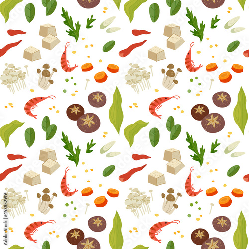 Seamless pattern with ingredients of Asian cooking on a white background. Vector illustration of mushrooms, shrimps and seafood in a minimalistic flat style, hand drawing. Kitchen print for design