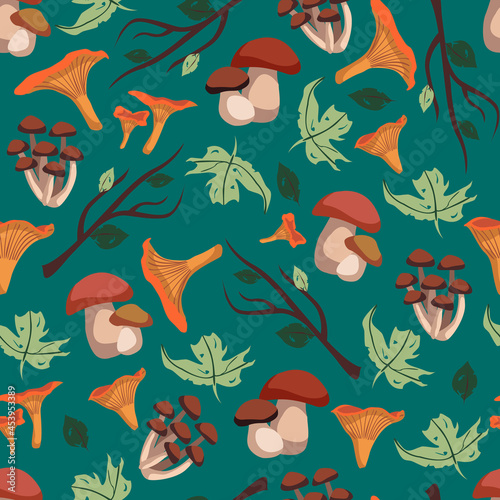 Vector autumn forest seamless pattern with mushrooms, branches and leaves isolated on green background. Chanterelle, agaric honey, cep, dry maple leaves.