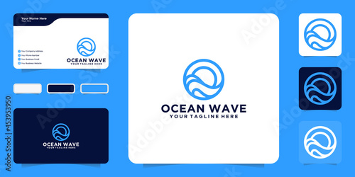 ocean waves logo design inspiration with line art style and business card inspiration