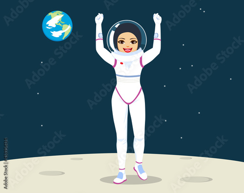 Female astronaut happy celebrating with arms up landing on moon with Earth planet on background