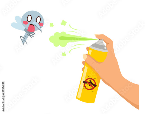 Female hand holding insecticide bottle spraying scared mosquito