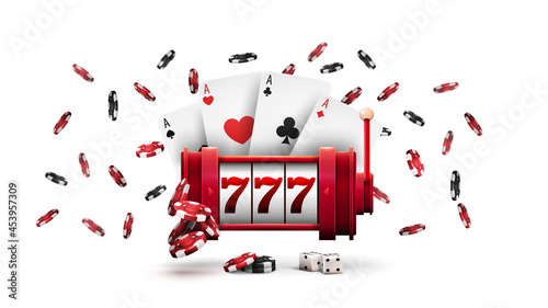 Casino red slot machine with poker chips and playing cards isolated on white background. Big win in slot machine