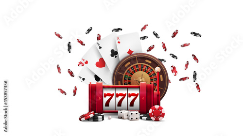 Red slot machine with jackpot, Casino Roulette wheel, poker chips and playing cards isolated on white background