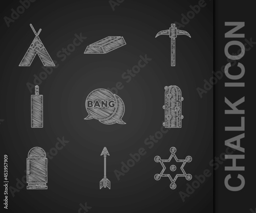 Set Bang boom, gun Comic, Crossed arrows, Hexagram sheriff, Cactus, Bullet, Dynamite bomb, Pickaxe and Indian teepee or wigwam icon. Vector