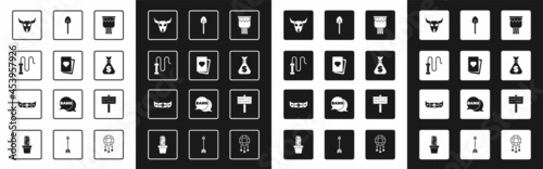 Set Drum, Deck of playing cards, Leather whip, Buffalo skull, Money bag, Shovel, Road traffic signpost and Kayak or canoe and paddle icon. Vector