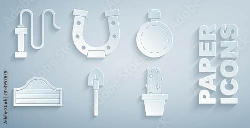 Set Shovel, Canteen water bottle, Saloon door, Cactus peyote in pot, Horseshoe and Leather whip icon. Vector