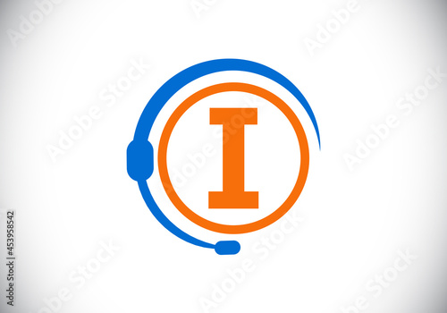Initial I  monogram letter alphabet and support service with headphones. Headphone logo. Hotline customer advice, call center help. Modern vector logo for business and company identity.