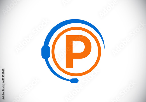 Initial P monogram letter alphabet and support service with headphones. Headphone logo. Hotline customer advice, call center help. Modern vector logo for business and company identity.