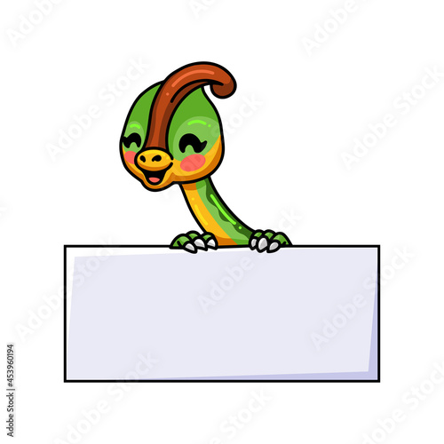 Cute little parasaurolophus dinosaur cartoon with blank sign