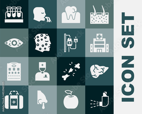 Set Inhaler, Hepatitis virus, Medical hospital building, Tooth with caries, Psoriasis or eczema rash, Reddish eye, Test tube blood and IV bag icon. Vector