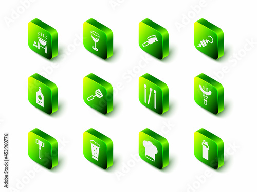 Set Wine glass, Meat chopper, Grilled shish kebab, Sausage on the fork, Lighter, Matches, Chef hat and Glass of beer icon. Vector
