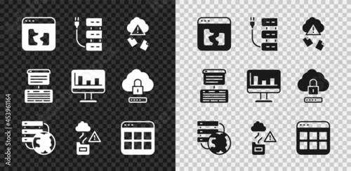 Set Broken file, Server, Cloud hacking, Network cloud connection, technology data transfer, Browser files, Data, Web Hosting and Monitor with graph chart icon. Vector