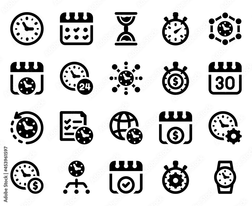 Time icon set - vector illustration . clock, watch, calendar, schedule, date, month, timer, stopwatch, deadline, icons . (Black Series) Time icon set - vector illustration . clock, watch, calendar, schedule, date, month, timer, stopwatch, deadline, icons . (Black Series)