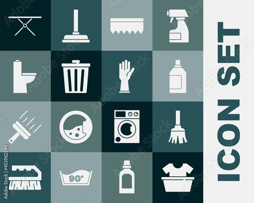 Set Basin with shirt, Feather broom, Bottle for cleaning agent, Sponge, Trash can, Toilet bowl, Ironing board and Rubber gloves icon. Vector