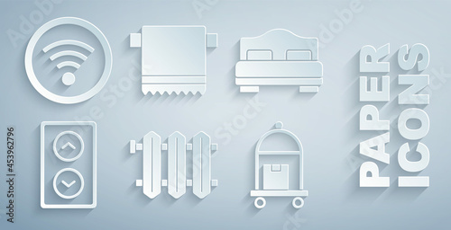 Set Heating radiator, Hotel room bed, Lift, Suitcase, Towel on hanger and Wi-Fi wireless icon. Vector
