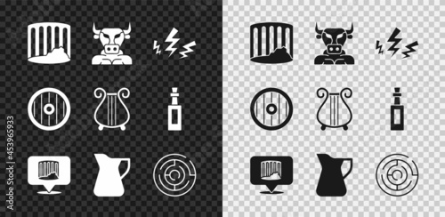 Set Ancient column, Minotaur, Zeus, Bottle of olive oil, labyrinth, Greek shield and lyre icon. Vector