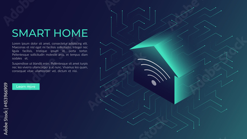 Smart home concept, modern technologies, future. Vector illustration of an abstract house stylistically designed in the form of microcircuits, lines. Web banner design template, site decoration.
