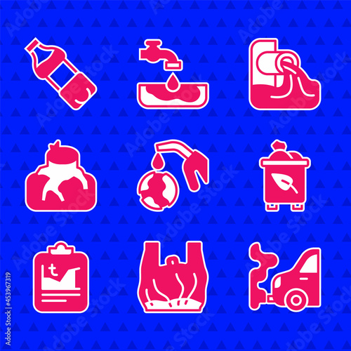 Set Gas pump nozzle and globe, Say to plastic bags poster, Car exhaust, Recycle bin with recycle, Global warming, Deforestation, Wastewater and Bottle of icon. Vector