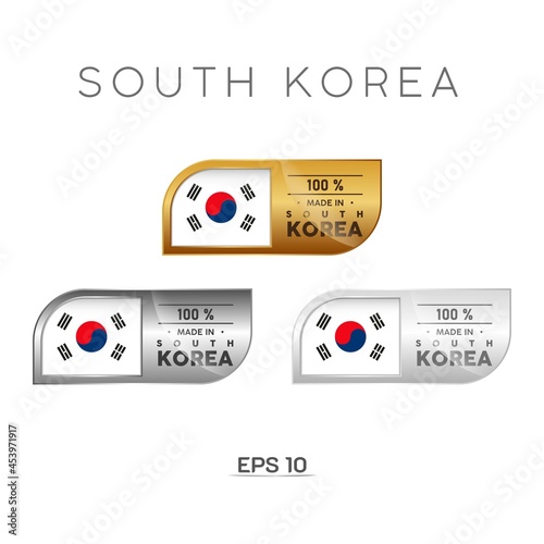 Made in South Korea Label, Stamp, Badge, or Logo. With The National Flag of South Korea. On platinum, gold, and silver colors. Premium and Luxury Emblem