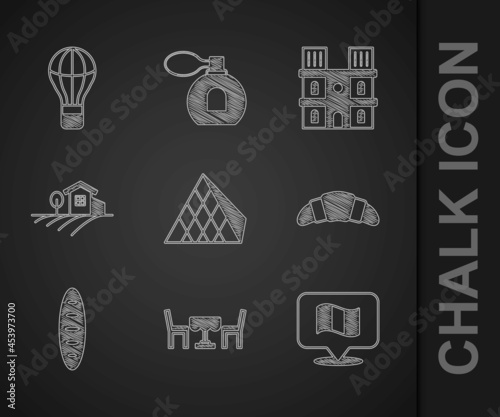 Set Louvre glass pyramid, French cafe, Flag France, Croissant, baguette bread, Village landscape, Notre Dame de Paris and Hot air balloon icon. Vector
