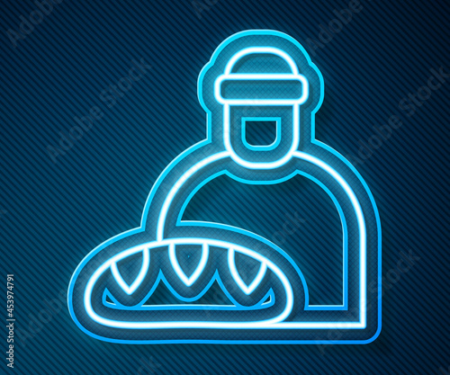 Glowing neon line Feeding the homeless icon isolated on blue background. Help and support. Giving food to the hungry concept. Vector