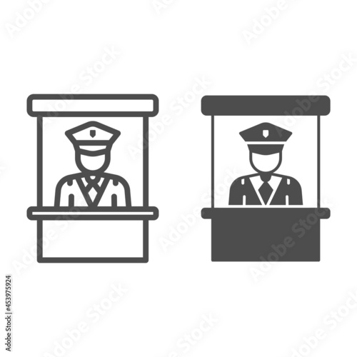 Customs officer in the office, passport controll line and solid icon, security concept, CBP vector sign on white background, outline style icon for mobile concept and web design. Vector graphics.