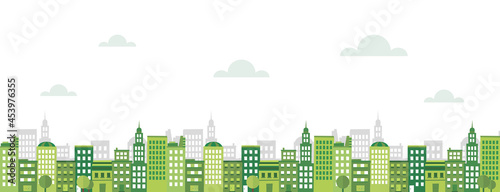 Ciudad verde. Concepto de naturaleza y medio ambiente. Paisaje, vista panorámica, horizonte. Ilustración vectorial