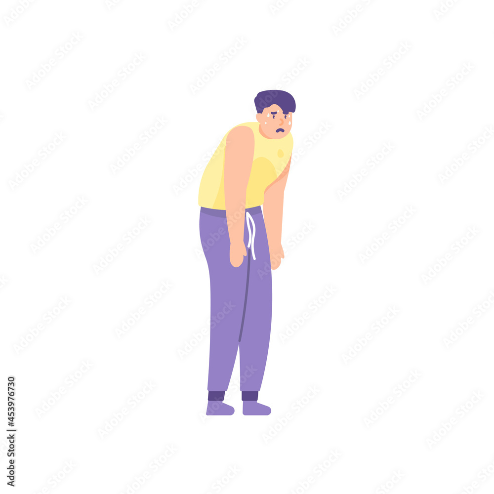 illustration of a man standing hunched over because he is running out of energy after exercise. tired and hot. thirsty person. flat cartoon style. vector design illustration of a man standing hunched over because he is running out of energy after exercise. tired and hot. thirsty person. flat cartoon style. vector design