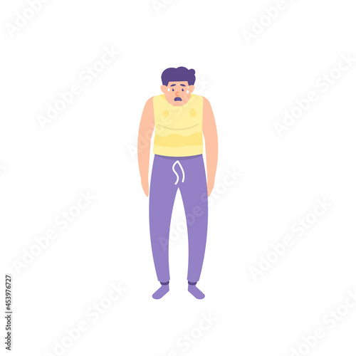 illustration of a man standing hunched over because he is running out of energy after exercise. tired and hot. thirsty person. flat cartoon style. vector design