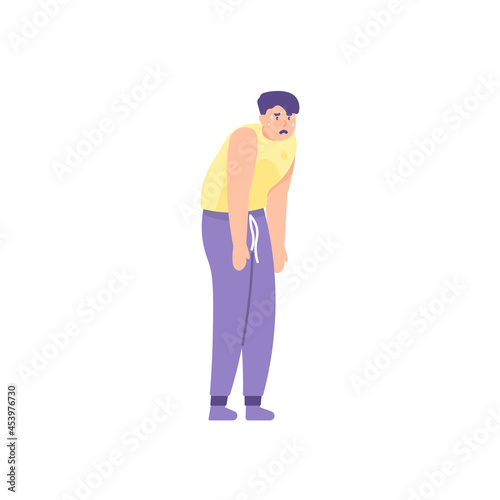 illustration of a man standing hunched over because he is running out of energy after exercise. tired and hot. thirsty person. flat cartoon style. vector design