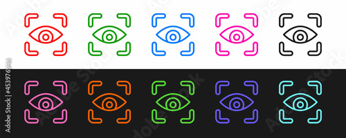 Set line Eye scan icon isolated on black and white background. Scanning eye. Security check symbol. Cyber eye sign. Vector
